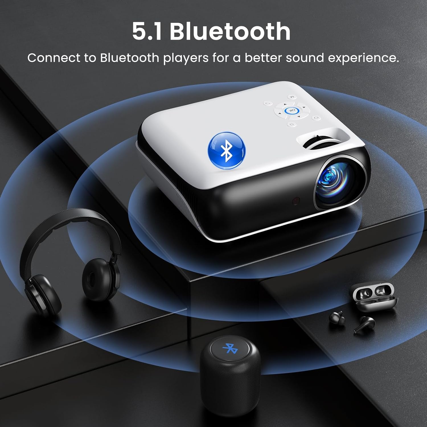 Native 1080P Bluetooth Projector, Full HD Portable Outdoor Movie Projector with Built-In Speaker, Compatible with Smartphone, HDMI, USB, AV, Fire Stick, PS5 for Home, Bedroom, Outdoor Use