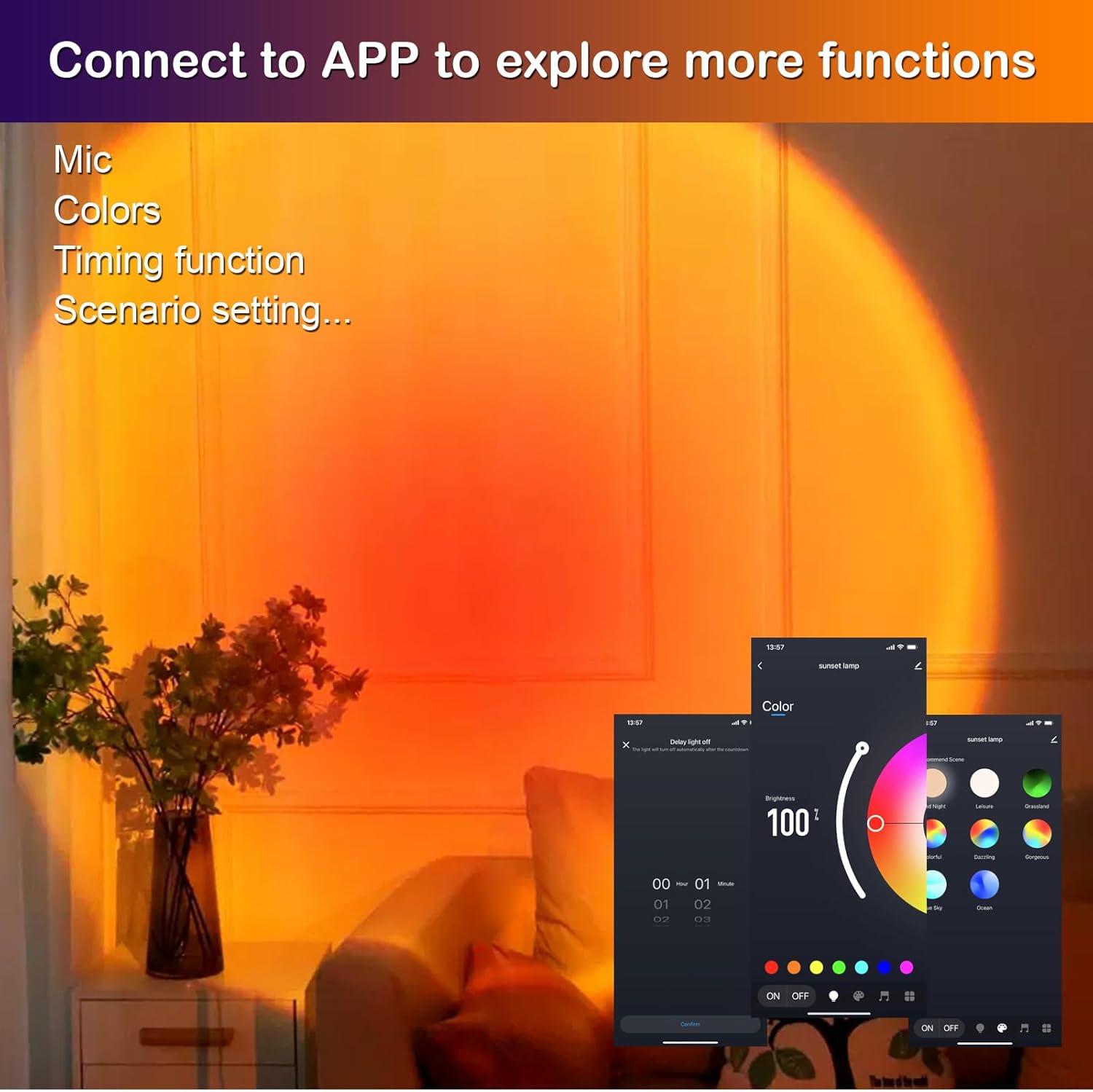 SolarHalt App & Remote Sunset LED Lamp Projector - 21 Color Changing Ambiance Lighting with App & Remote Control, Perfect for Aesthetic Decor & Unique Gifts!
